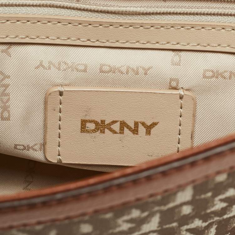 Pre Owned DKNY Ella Large Brown/Beige Signature Canvas and Leather Shoulder Bag