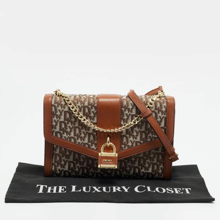 Pre Owned DKNY Ella Large Brown/Beige Signature Canvas and Leather Shoulder Bag