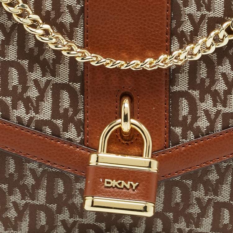 Pre Owned DKNY Ella Large Brown/Beige Signature Canvas and Leather Shoulder Bag