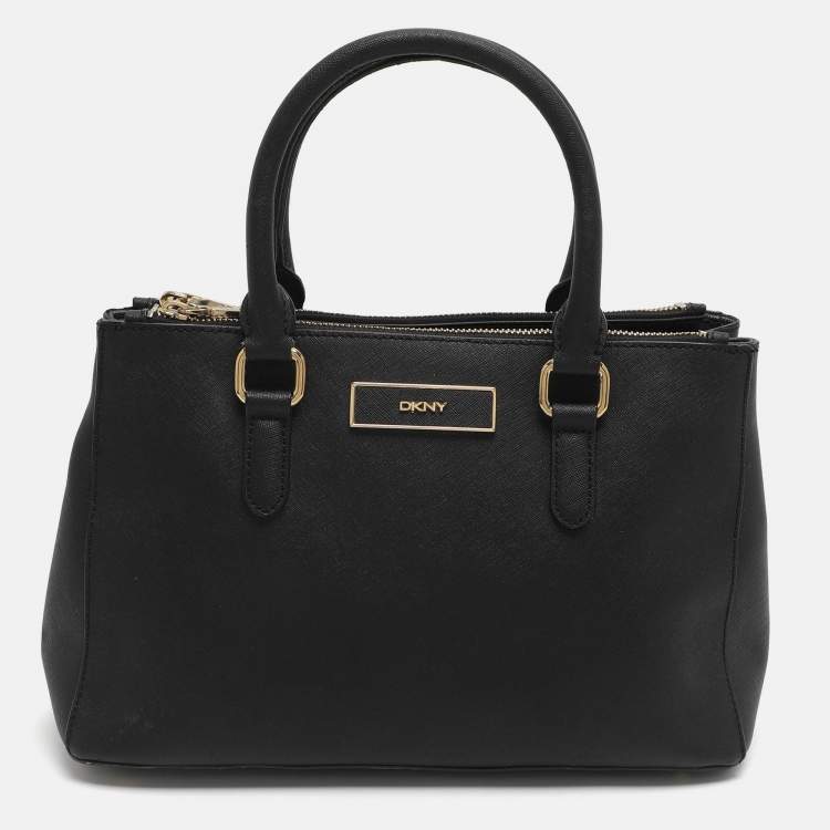 Pre Owned Dkny Robinson Double Zip Black Saffiano Leather Tote