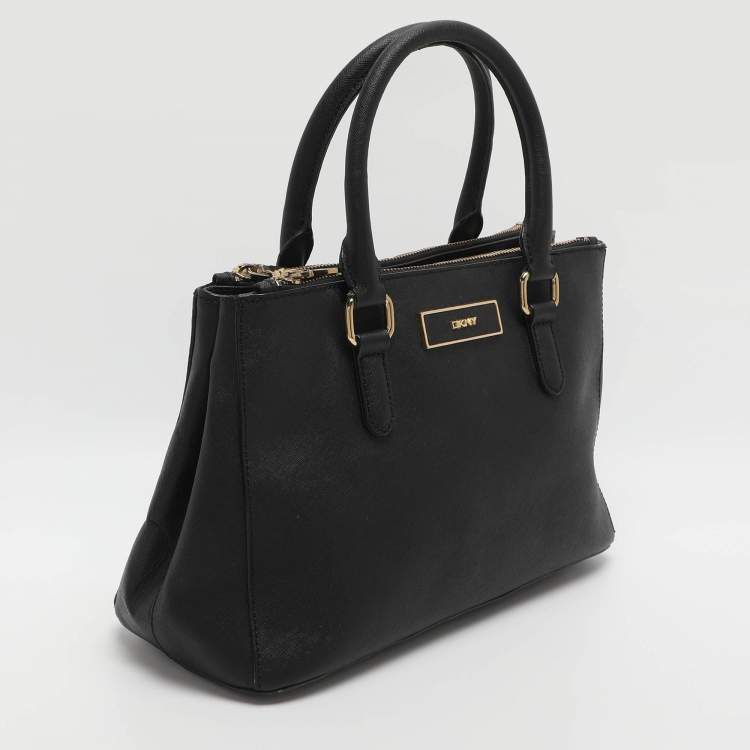 Pre Owned Dkny Robinson Double Zip Black Saffiano Leather Tote