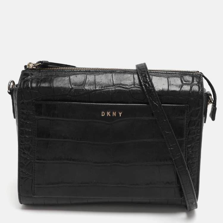 Pre Owned Dkny Black Croc Embossed Leather Crossbody Bags