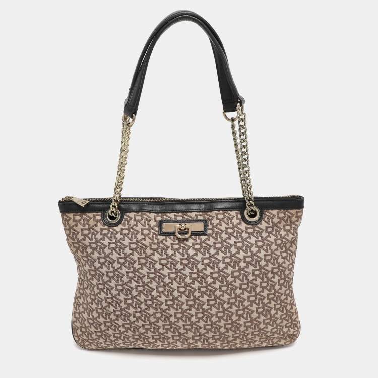 Pre Owned Dkny Bryant Beige/Black Signature Canvas and Leather Shoulder Bags