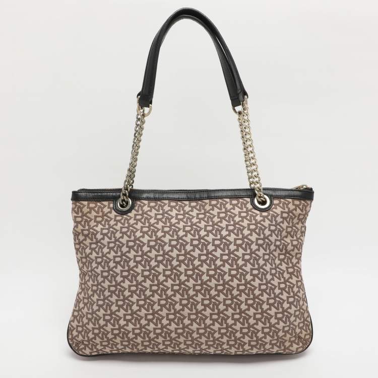 Pre Owned Dkny Bryant Beige/Black Signature Canvas and Leather Shoulder Bags