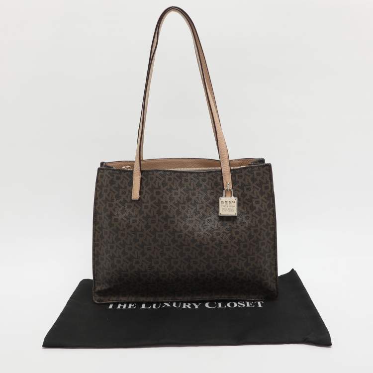 Pre Owned Dkny Brown Signature Coated Canvas and Leather Tote