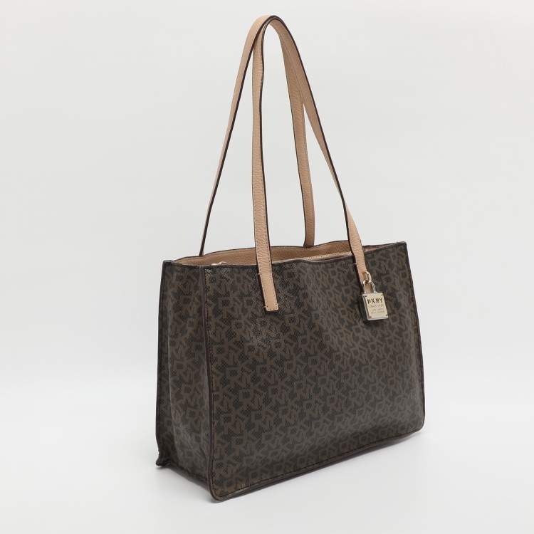 Pre Owned Dkny Brown Signature Coated Canvas and Leather Tote