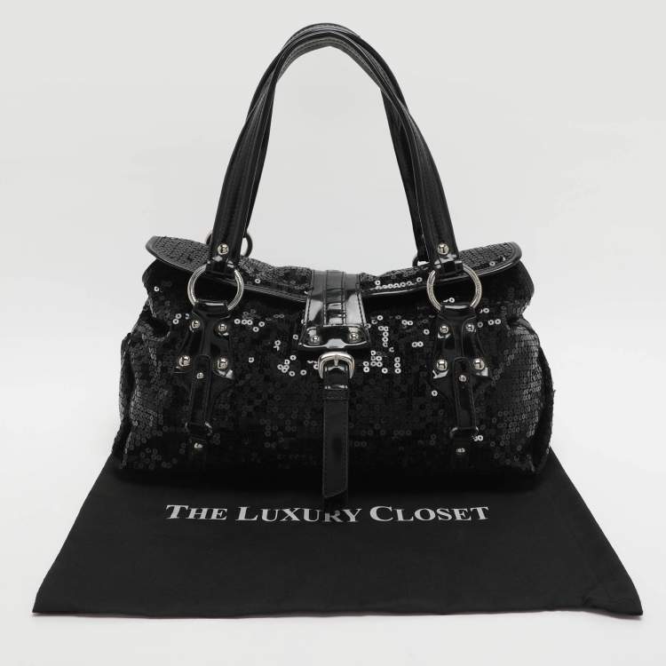 Pre Owned DKNY Black Patent Leather and Sequins Satchel