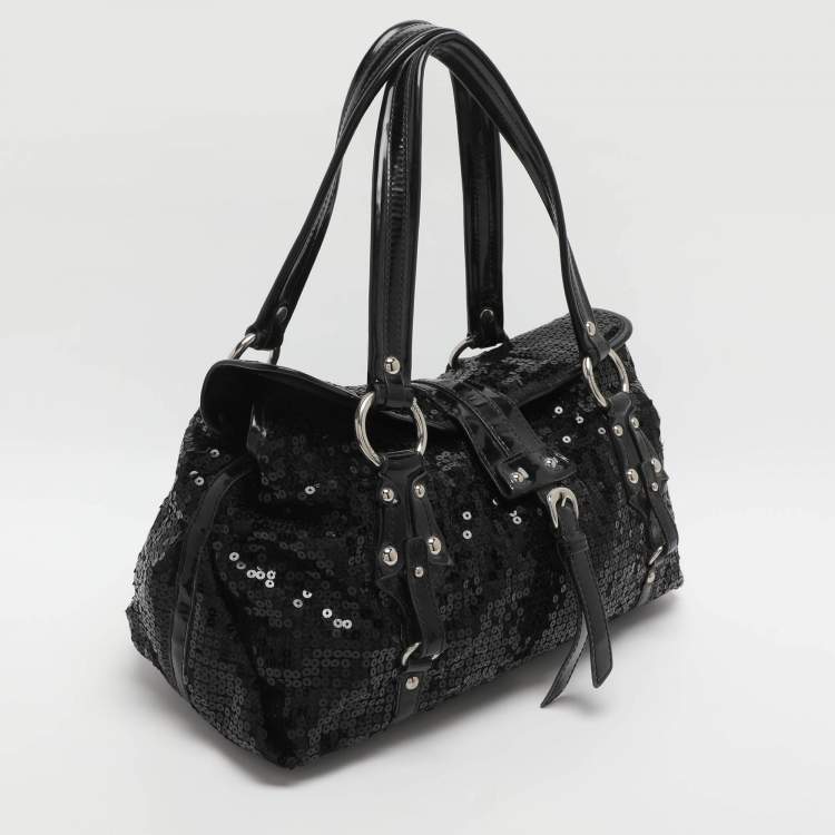 Pre Owned DKNY Black Patent Leather and Sequins Satchel