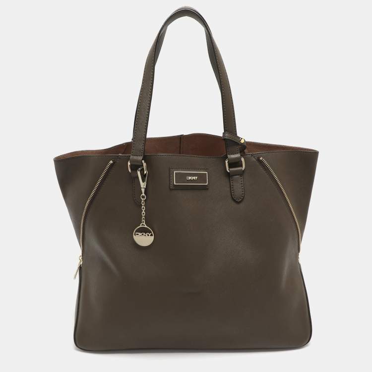 Pre Owned Dkny Dark Khaki Saffiano Leather Tote