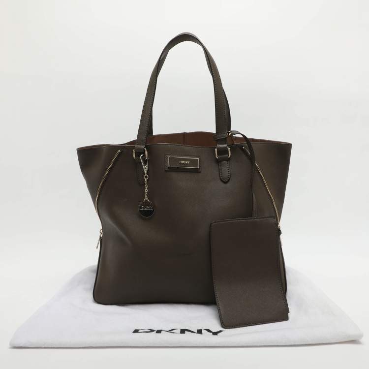 Pre Owned Dkny Dark Khaki Saffiano Leather Tote