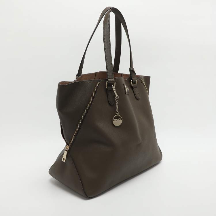 Pre Owned Dkny Dark Khaki Saffiano Leather Tote