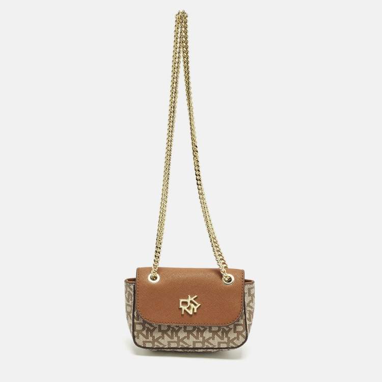 مملوكة مسبقًا DKNY Brown/Beige Signature Coated Canvas and Saffiano Leather Chain Mini Crossbody Bag
