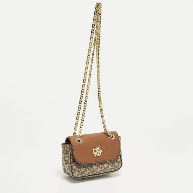 مملوكة مسبقًا DKNY Brown/Beige Signature Coated Canvas and Saffiano Leather Chain Mini Crossbody Bag
