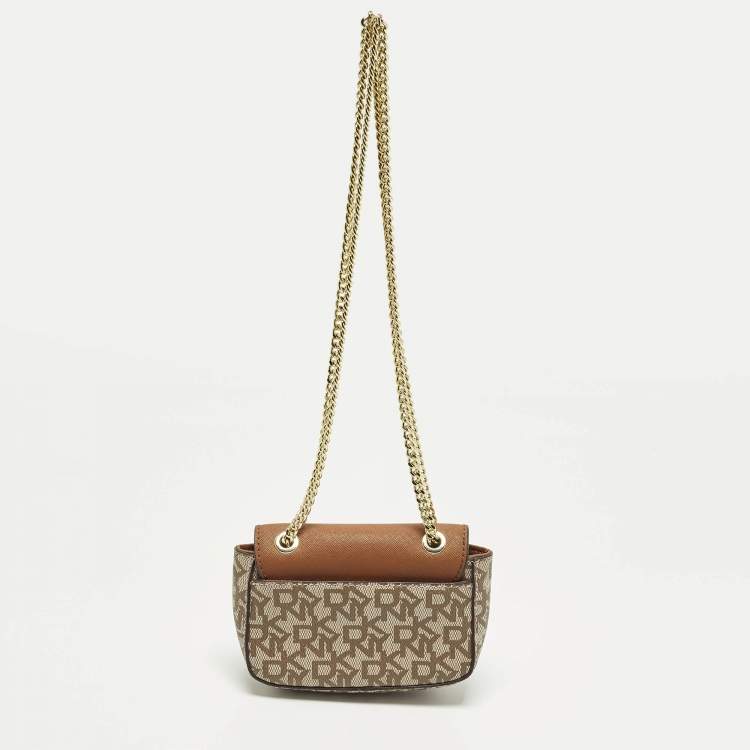 مملوكة مسبقًا DKNY Brown/Beige Signature Coated Canvas and Saffiano Leather Chain Mini Crossbody Bag