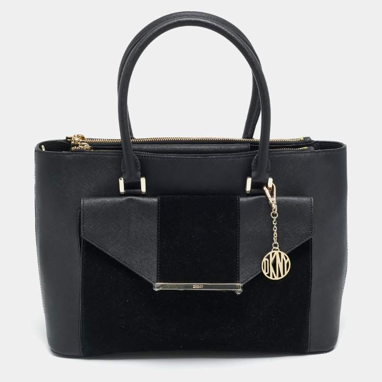 Pre Owned DKNY Bryant Park Black Saffiano Leather and Suede Tote