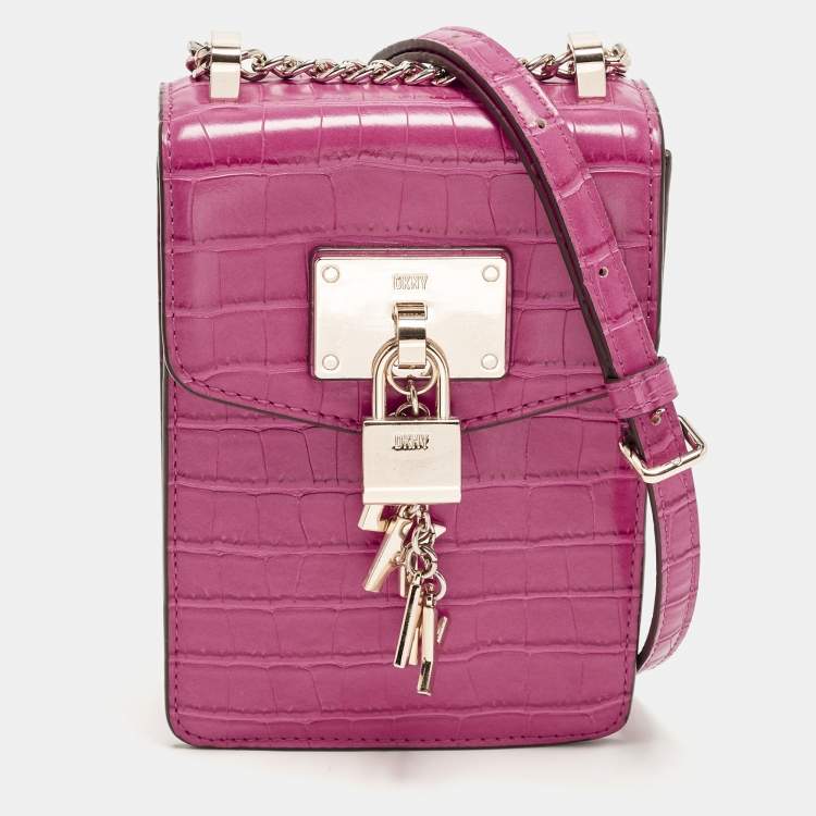 Pre Owned DKNY Elissa Fuchsia Croc Embossed PVC Crossbody Bag