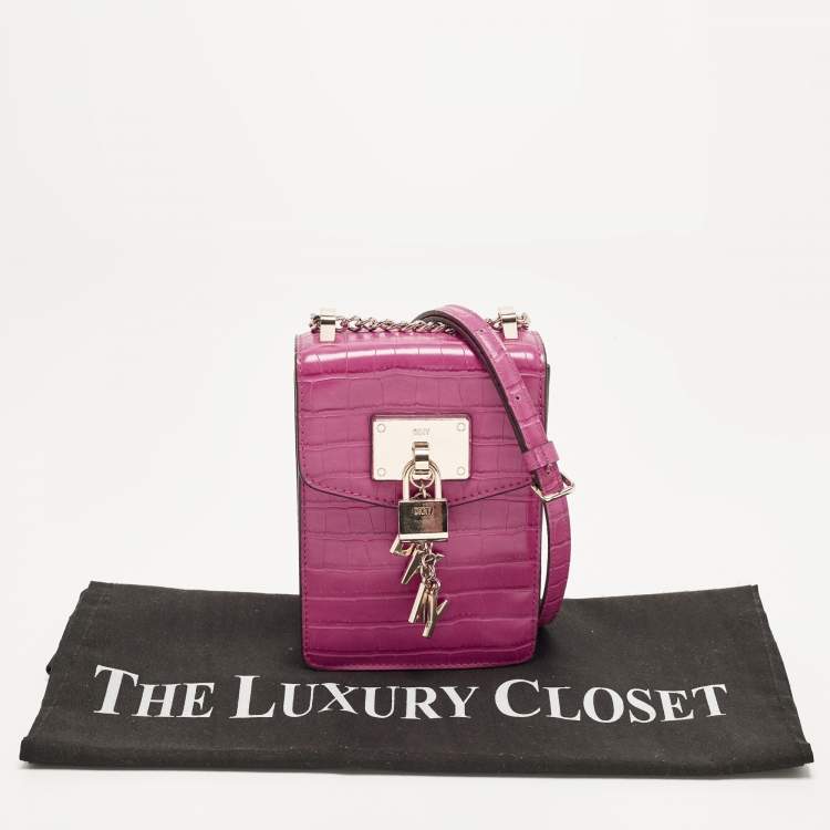Pre Owned DKNY Elissa Fuchsia Croc Embossed PVC Crossbody Bag