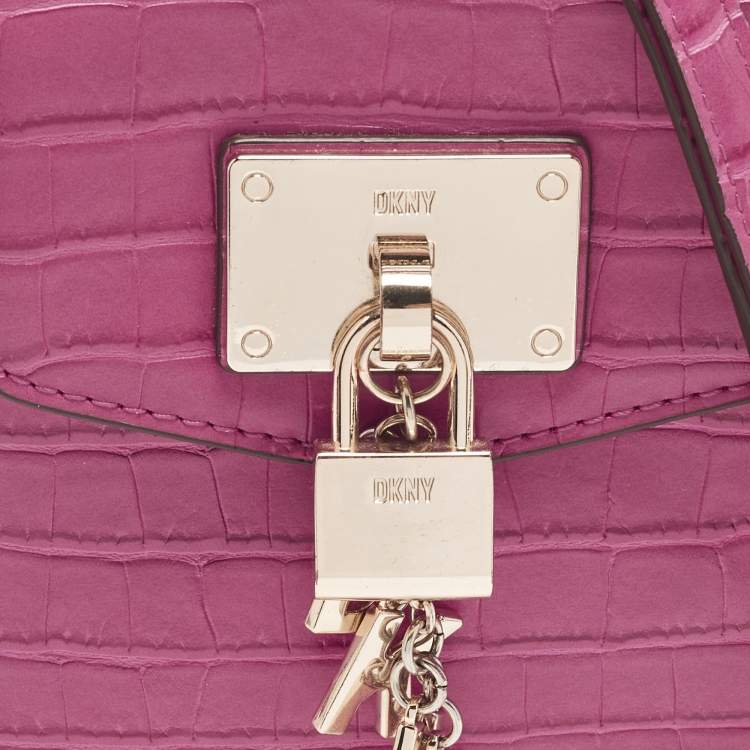 Pre Owned DKNY Elissa Fuchsia Croc Embossed PVC Crossbody Bag