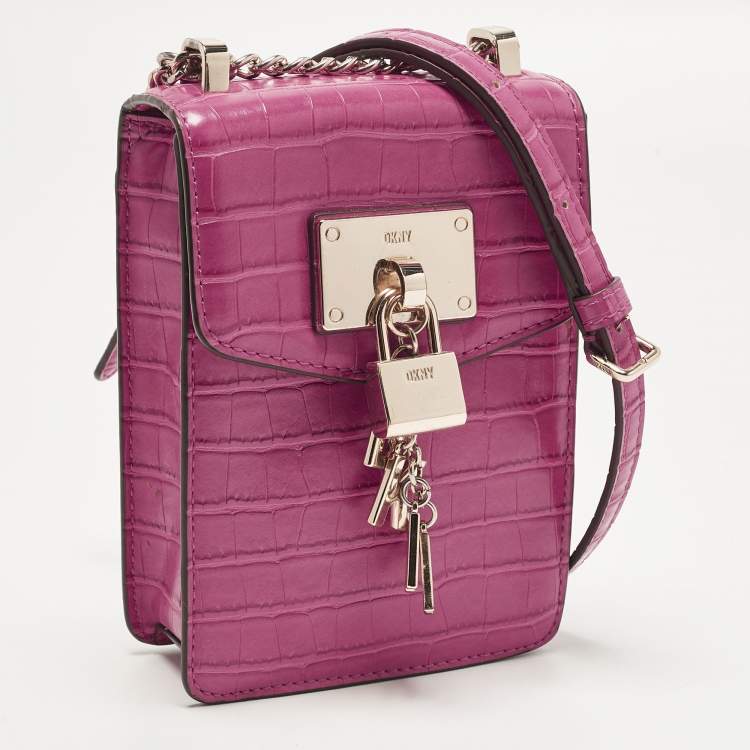 Pre Owned DKNY Elissa Fuchsia Croc Embossed PVC Crossbody Bag