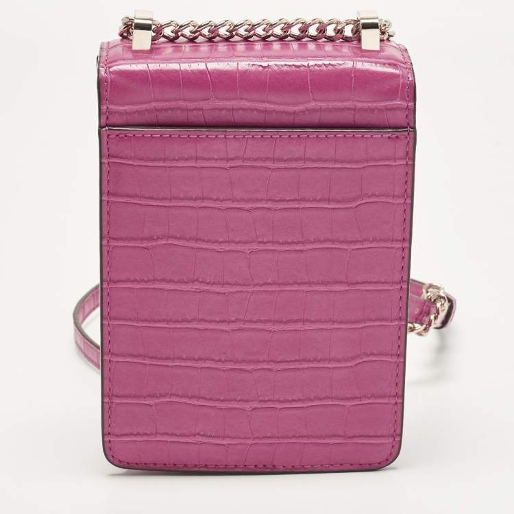 Pre Owned DKNY Elissa Fuchsia Croc Embossed PVC Crossbody Bag
