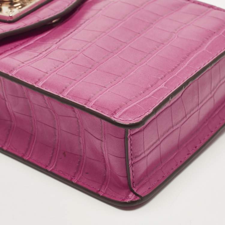 Pre Owned DKNY Elissa Fuchsia Croc Embossed PVC Crossbody Bag
