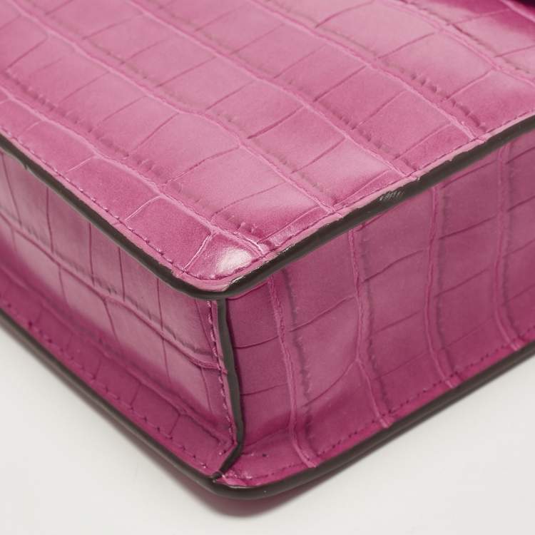 Pre Owned DKNY Elissa Fuchsia Croc Embossed PVC Crossbody Bag