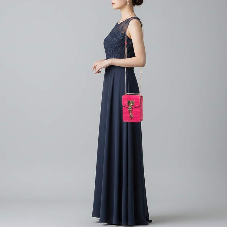 Pre Owned DKNY Elissa Fuchsia Croc Embossed PVC Crossbody Bag