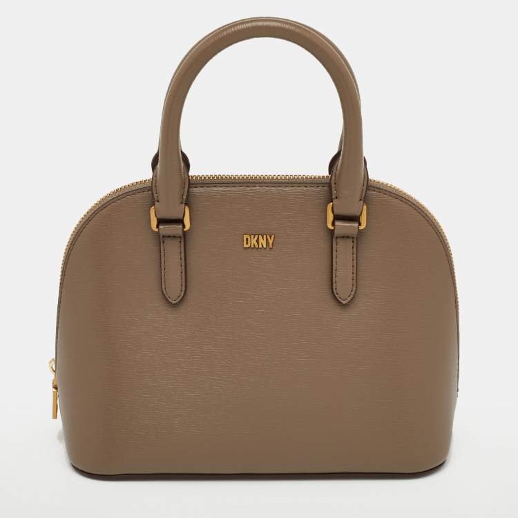Pre Owned DKNY Taupe Brown Leather Top Zip Dome Satchel