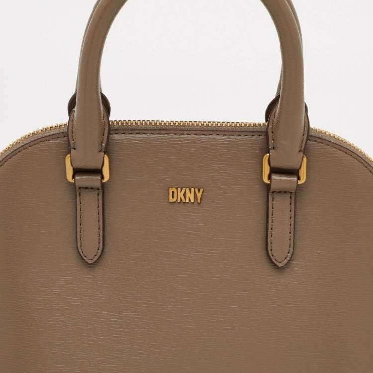 Pre Owned DKNY Taupe Brown Leather Top Zip Dome Satchel