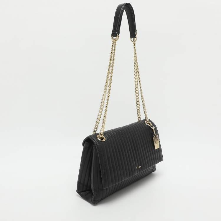 Pre Owned Dkny Black Pinstripe Quilted Leather Shoulder Bag