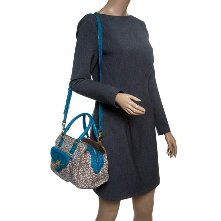 Pre Owned DKNY Beige/Blue Signature Canvas and Croc Embossed Leather Satchel