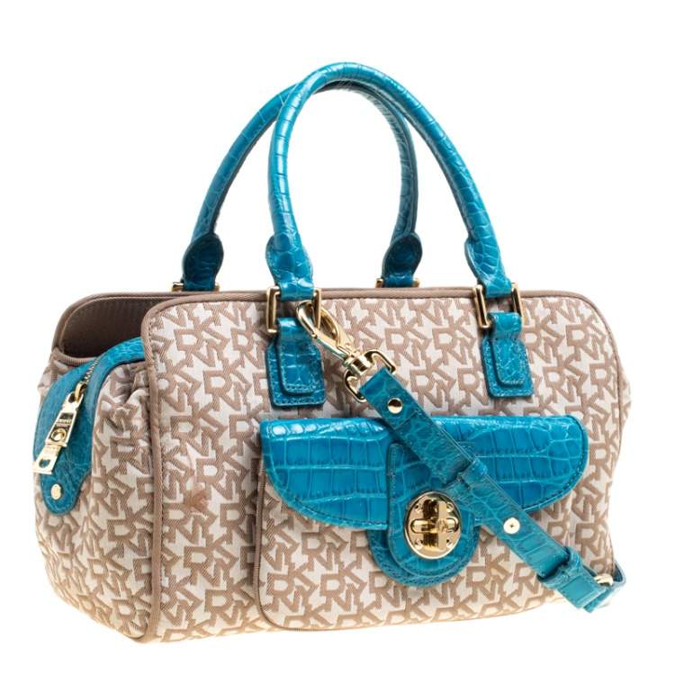 Pre Owned DKNY Beige/Blue Signature Canvas and Croc Embossed Leather Satchel