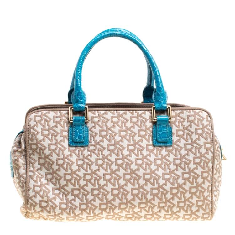 Pre Owned DKNY Beige/Blue Signature Canvas and Croc Embossed Leather Satchel