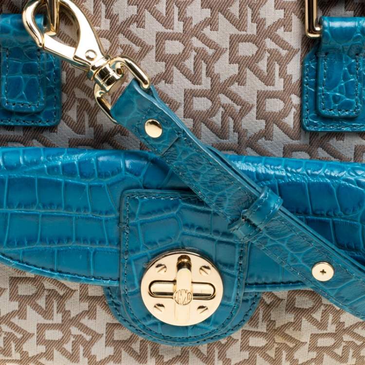 Pre Owned DKNY Beige/Blue Signature Canvas and Croc Embossed Leather Satchel