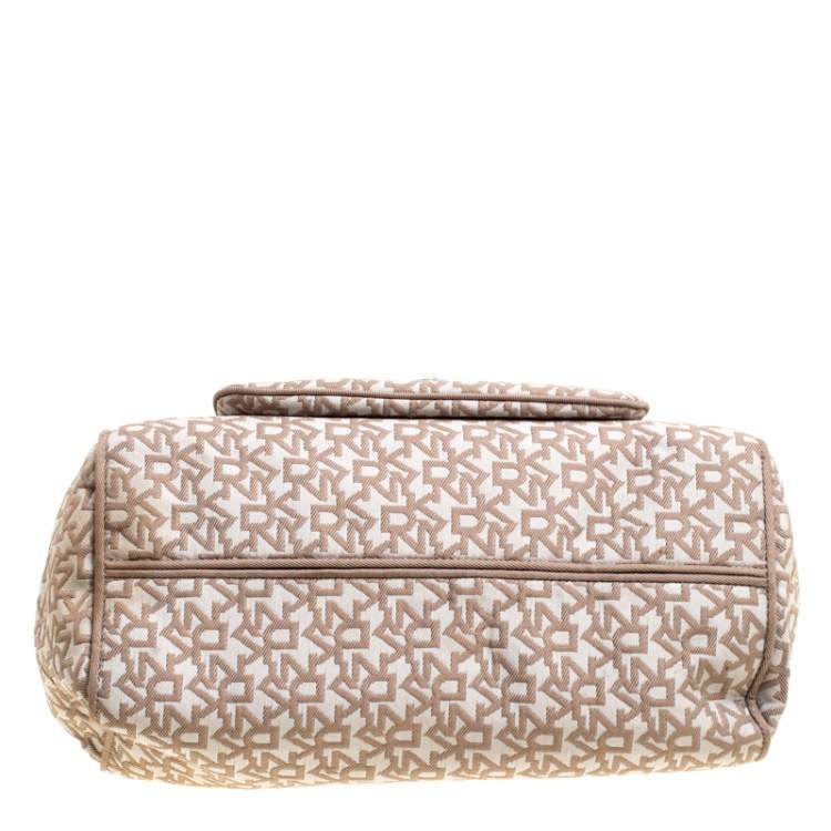 Pre Owned DKNY Beige/Blue Signature Canvas and Croc Embossed Leather Satchel