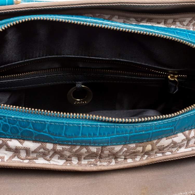 Pre Owned DKNY Beige/Blue Signature Canvas and Croc Embossed Leather Satchel