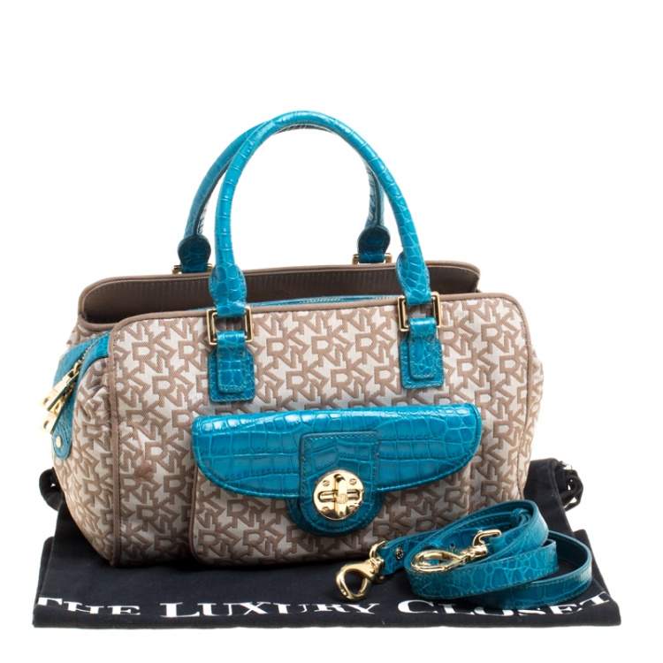 Pre Owned DKNY Beige/Blue Signature Canvas and Croc Embossed Leather Satchel