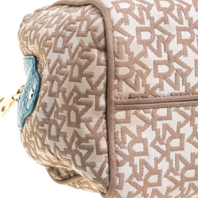 Pre Owned DKNY Beige/Blue Signature Canvas and Croc Embossed Leather Satchel