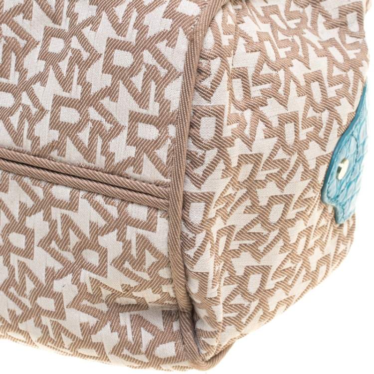 Pre Owned DKNY Beige/Blue Signature Canvas and Croc Embossed Leather Satchel
