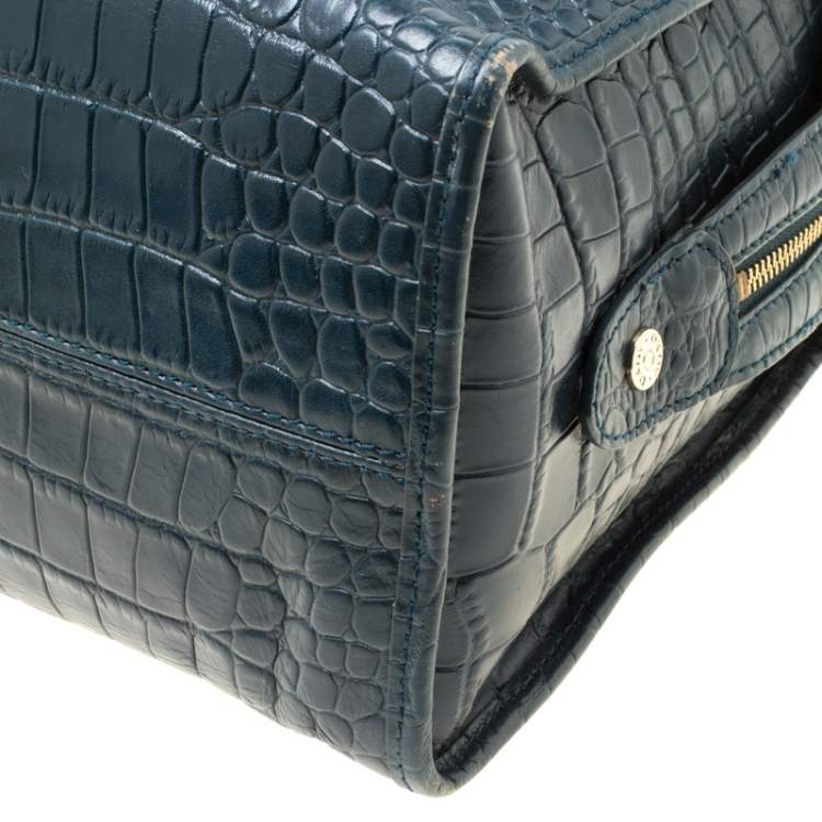 Pre Owned DKNY Blue Croc Embossed Leather Bowler Bag
