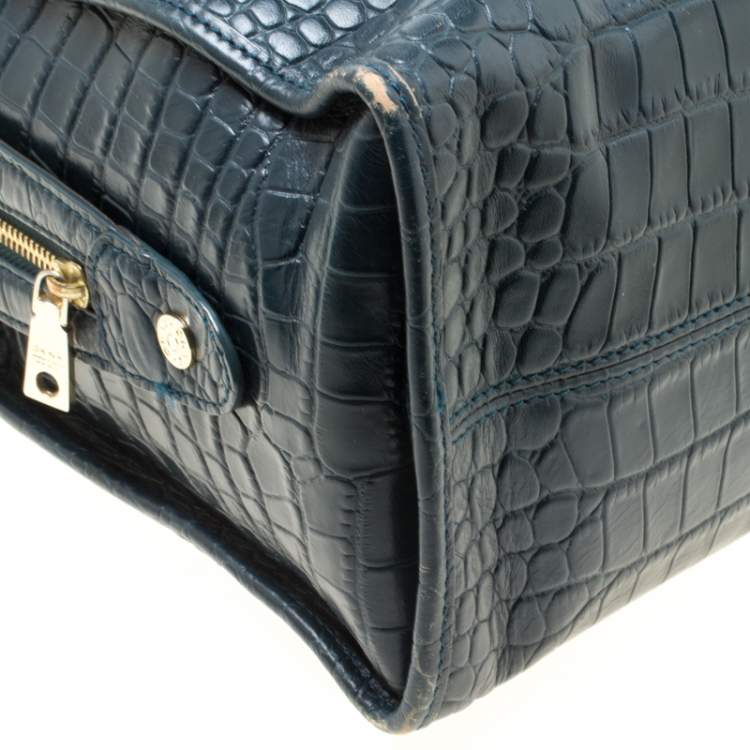 Pre Owned DKNY Blue Croc Embossed Leather Bowler Bag