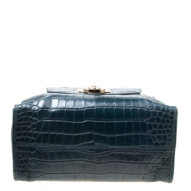 Pre Owned DKNY Blue Croc Embossed Leather Bowler Bag