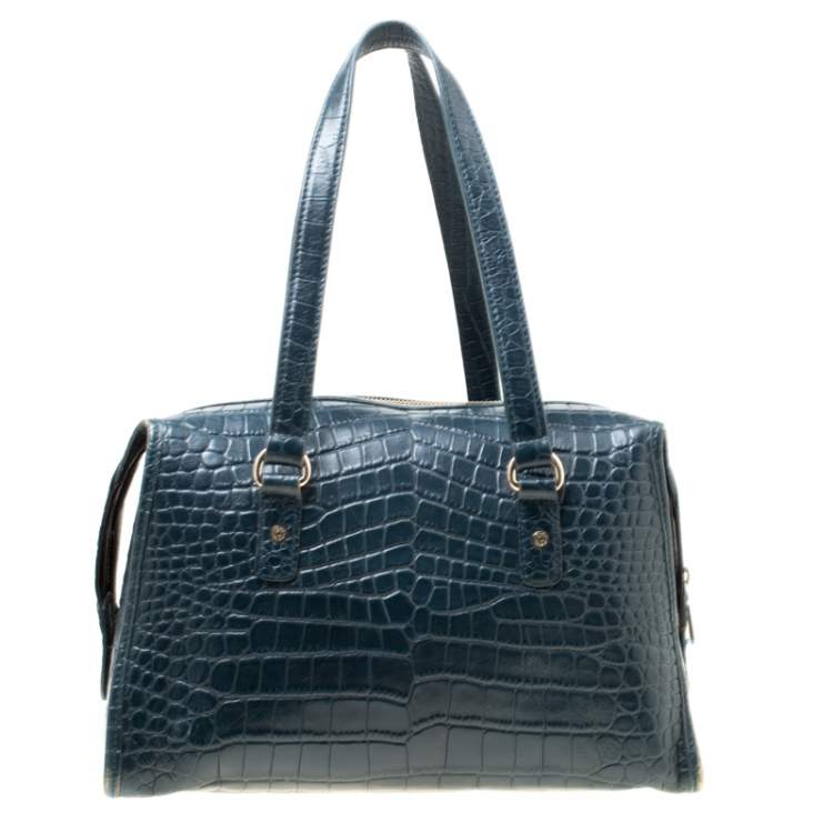 Pre Owned DKNY Blue Croc Embossed Leather Bowler Bag