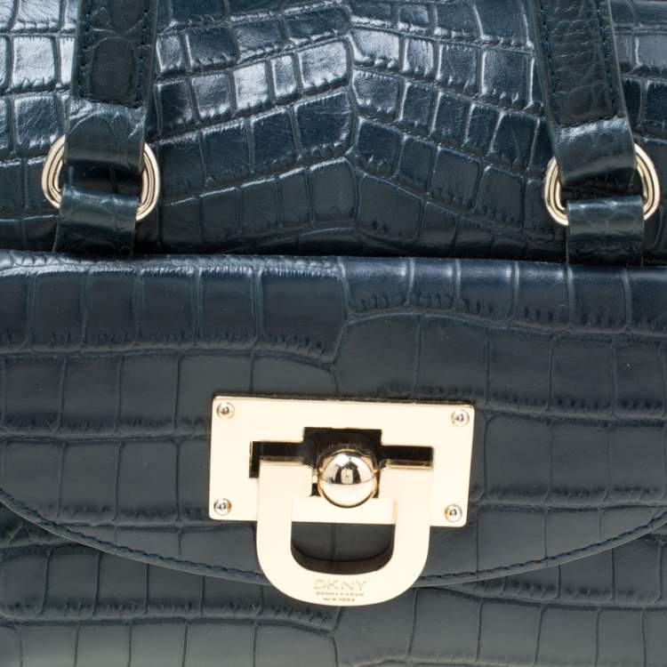 Pre Owned DKNY Blue Croc Embossed Leather Bowler Bag