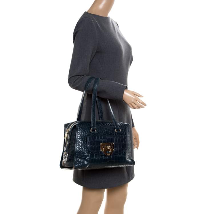 Pre Owned DKNY Blue Croc Embossed Leather Bowler Bag