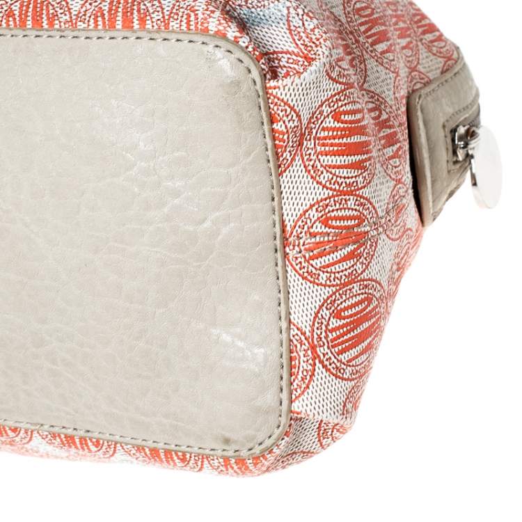 Pre Owned DKNY Red/White Signature PVC and Leather Dome Satchel