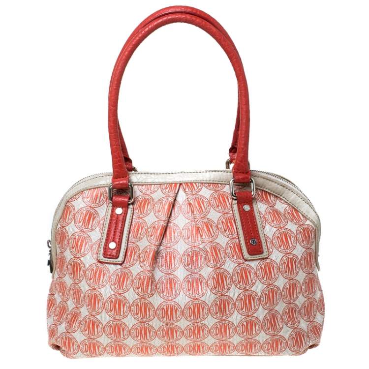 Pre Owned DKNY Red/White Signature PVC and Leather Dome Satchel
