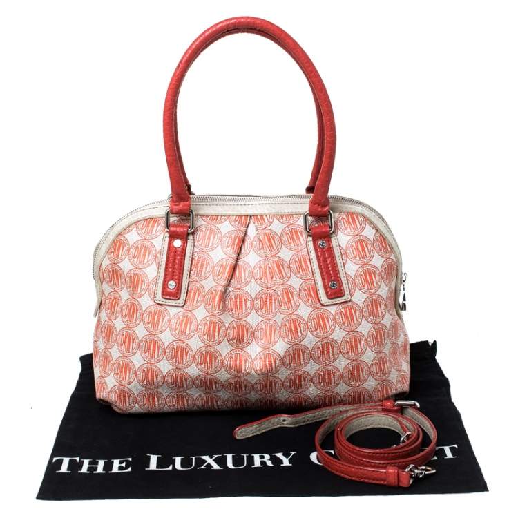 Pre Owned DKNY Red/White Signature PVC and Leather Dome Satchel
