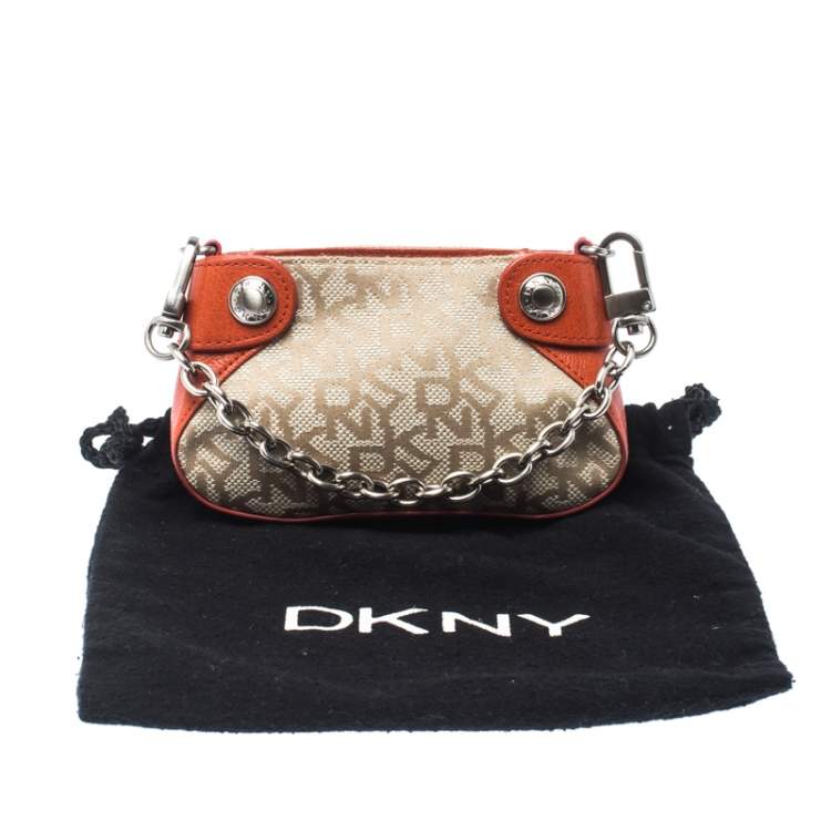 Pre Owned DKNY Orange/Beige Canvas and Leather Chain Purse