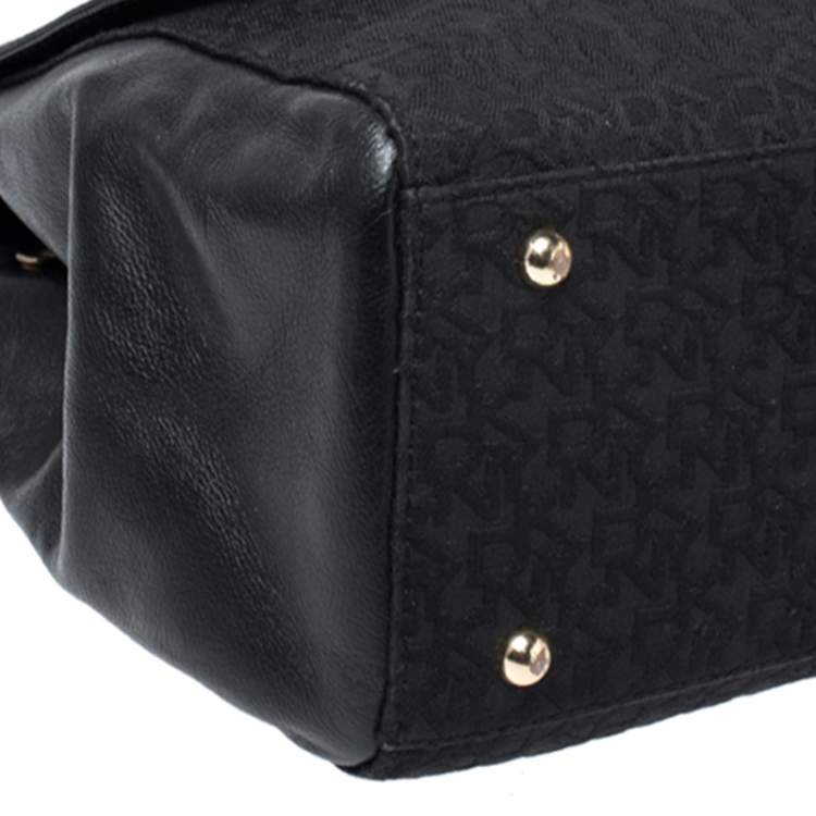Pre Owned DKNY Black Signature Canvas and Leather Flap Lock Top Handle Bag